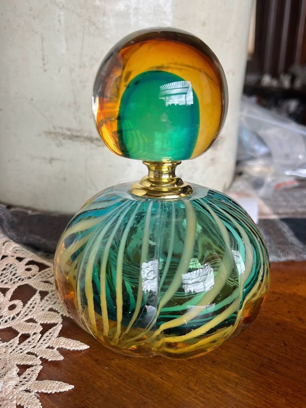 Handblown Glass Perfume Bottle - Green and Amber, Dale Tiffany perfume bottle.